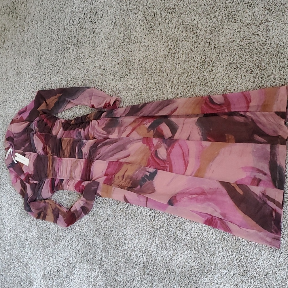 Anthropologie Printed Floral pink pull on Mesh sneath Midi Dress long sleeve XS - Picture 7 of 11